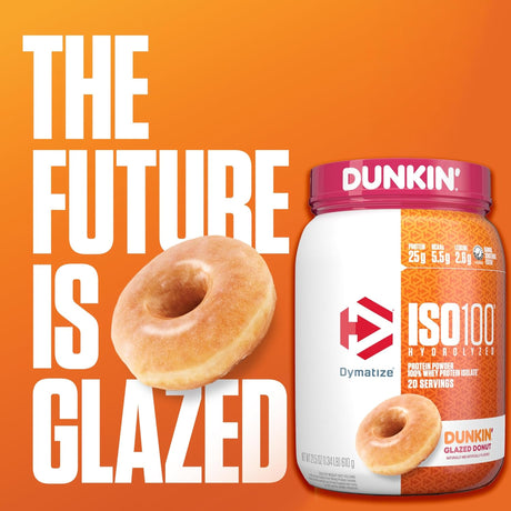 Dymatize ISO100 Hydrolyzed Whey Protein Isolate Dunkin' Glazed Donut flavor with 25g protein and fast-absorbing whey isolate for muscle recovery.