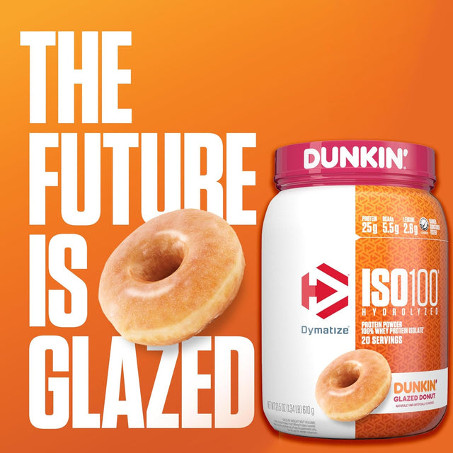 Dymatize ISO100 Hydrolyzed Whey Protein Isolate Dunkin' Glazed Donut flavor with 25g protein and fast-absorbing whey isolate for muscle recovery.