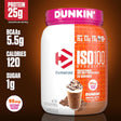 Dymatize ISO100 Hydrolyzed Whey Protein Isolate Dunkin' Mocha Latte flavor, featuring 25g protein, 5.5g BCAAs, 120 calories, and 1g sugar per serving.
