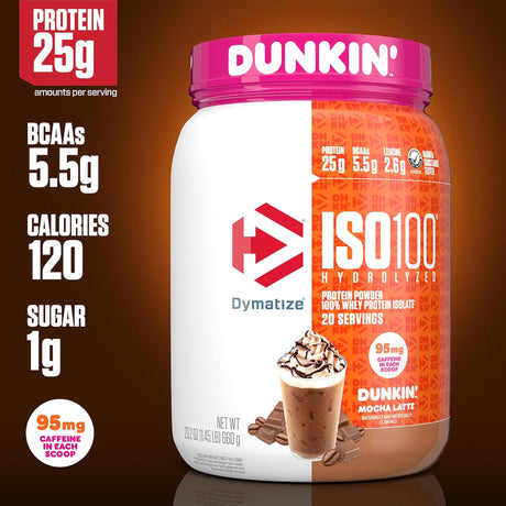 Dymatize ISO100 Hydrolyzed Whey Protein Isolate Dunkin' Mocha Latte flavor, featuring 25g protein, 5.5g BCAAs, 120 calories, and 1g sugar per serving.