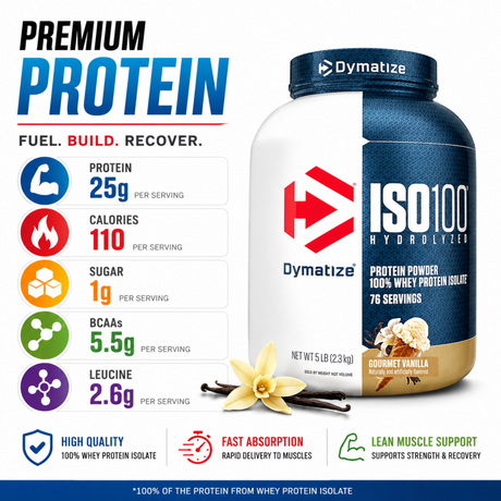 Dymatize ISO100 Hydrolyzed Gourmet Vanilla 5 lb whey protein powder with 25g protein per serving