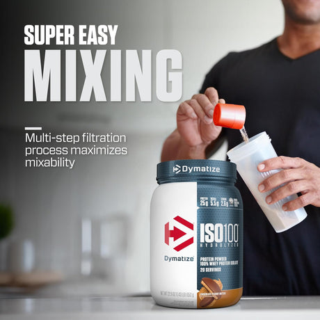Dymatize ISO100 hydrolyzed whey protein chocolate peanut butter flavor being mixed in a shaker bottle, showing easy mixing and smooth solubility