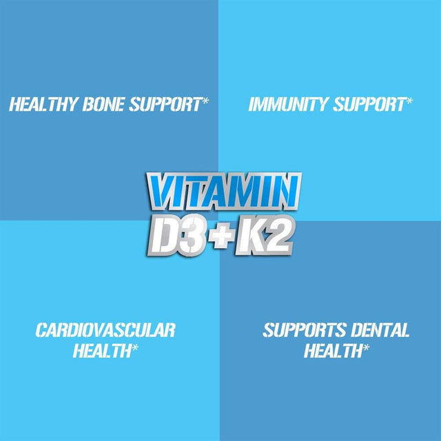 EVL Vitamin D3 + K2 benefits chart highlighting bone, heart, immune, and dental health support.
