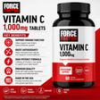 Force Factor Vitamin C 1,000mg tablets bottle (60 count) showing key benefits: immune function support, antioxidant boost, high-potency formula, premium quality, vegan friendly, non-GMO, and gluten-free.