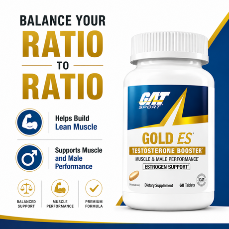 GAT Sport Gold ES Testosterone Booster 60 tablets showing lean muscle and male performance benefits