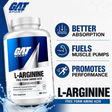 GAT Sport Essentials L-Arginine free form amino acid supplement bottle containing 180 tablets, designed to increase nitric oxide activity and fuel muscle pumps.