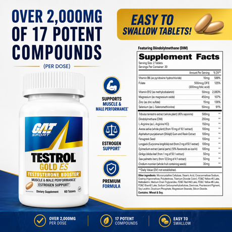GAT Sport Testrol Gold ES testosterone booster with over 2,000mg of 17 potent compounds per dose
