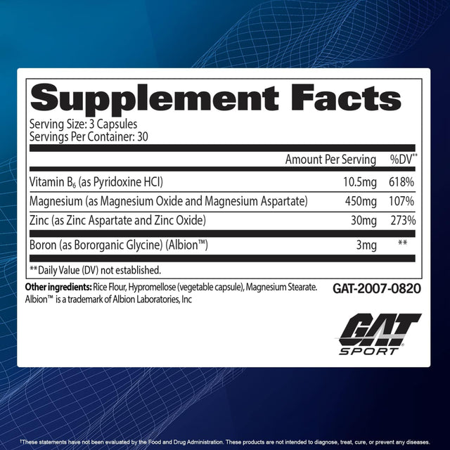 Supplement Facts label for GAT Sport ZMAG-T showing a 3-capsule serving containing 450mg Magnesium, 30mg Zinc, 10.5mg Vitamin B6, and 3mg Boron (as Albion Boroganic Glycine).