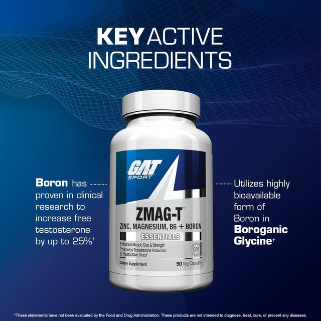 GAT Sport ZMAG-T (ZMA) 90 Veg Capsules bottle for Overnight Recovery Support. Enhances muscle size, strength, and restorative sleep with Zinc, Magnesium, B6, and Boron.