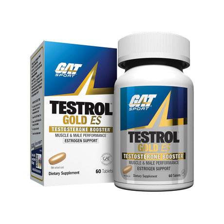 GAT Testrol Gold ES testosterone booster bottle and box for male performance and estrogen support.