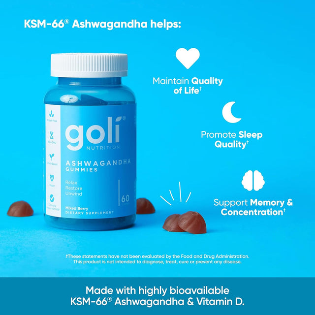 Goli Nutrition Ashwagandha Gummies with KSM-66 and Vitamin D, 60 count, authentic supplement for sleep quality and memory support, available at Gym Supplements U.S.