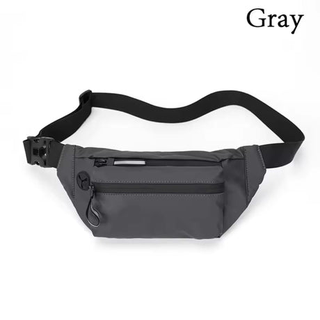 Gray waterproof sports waist bag for exercise and daily use with adjustable strap and reflective details