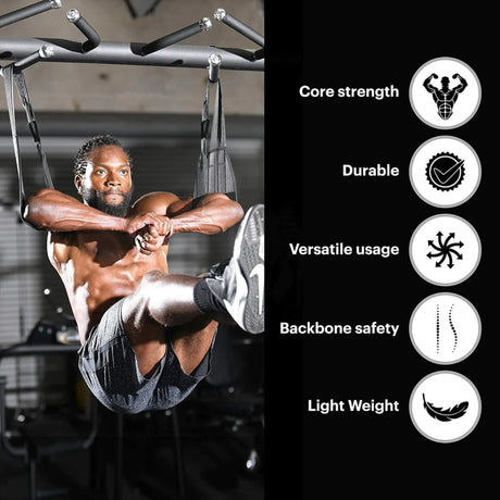 nfographic of black heavy-duty ab slings for hanging leg raises, highlighting core strength, durability, versatile usage, backbone safety, and lightweight design