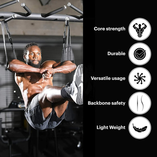 nfographic of black heavy-duty ab slings for hanging leg raises, highlighting core strength, durability, versatile usage, backbone safety, and lightweight design