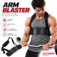 Bodybuilder wearing a black arm blaster for strict bicep curls, improved lifting form, and maximum muscle isolation.