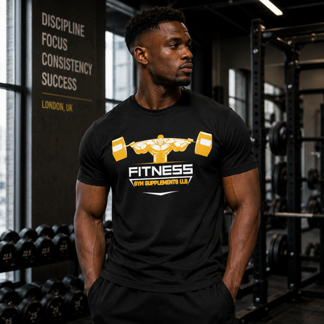 Muscular male fitness model standing in a gym wearing a black Gym Supplements U.S t-shirt featuring a yellow graphic of a bodybuilder squatting a heavy barbell above the word FITNESS.