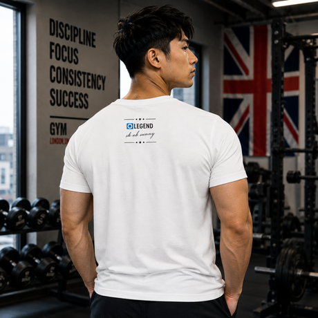 Fitness athlete wearing a white Dedication Has No Limitations gym T-shirt
