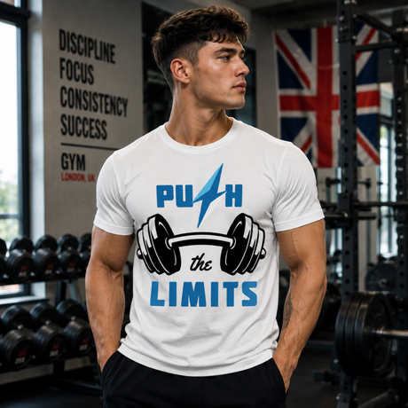 Muscular male fitness model standing in a gym wearing a white Gym Supplements U.S t-shirt featuring a blue and black "Push The Limits" barbell graphic design.