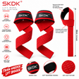 SKDK red lifting straps featuring anti-slip texture and soft neoprene padding for heavy deadlifts and pull-ups.