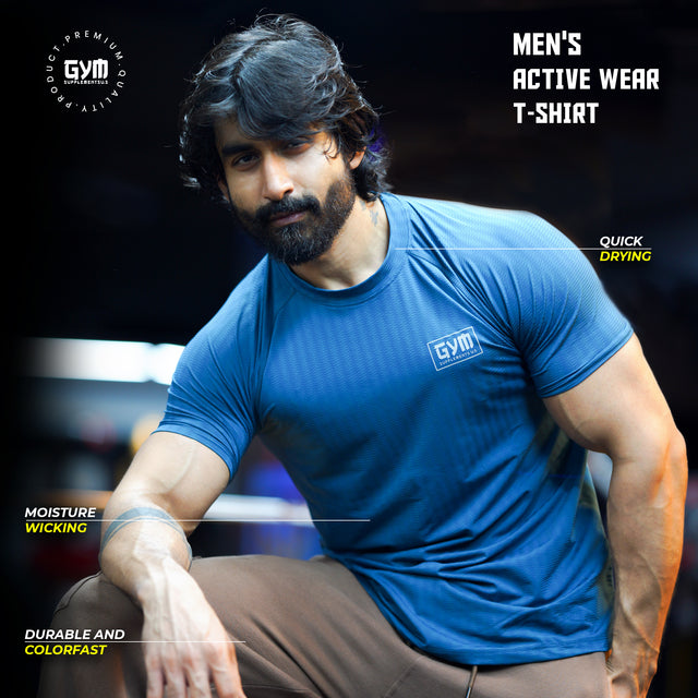 Men's teal performance gym t-shirt, moisture-wicking and quick-drying fabric, front view.

