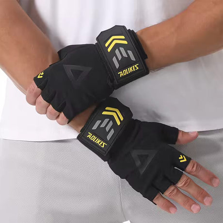 AOLIKES Gym Weight Lifting Gloves for Men & Women featuring integrated black and yellow wrist support wraps for heavy lifting.