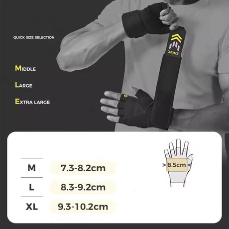 Size selection guide for AOLIKES gym gloves showing palm width measurements for M, L, and XL.
