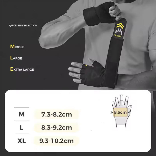 Size selection guide for AOLIKES gym gloves showing palm width measurements for M, L, and XL.