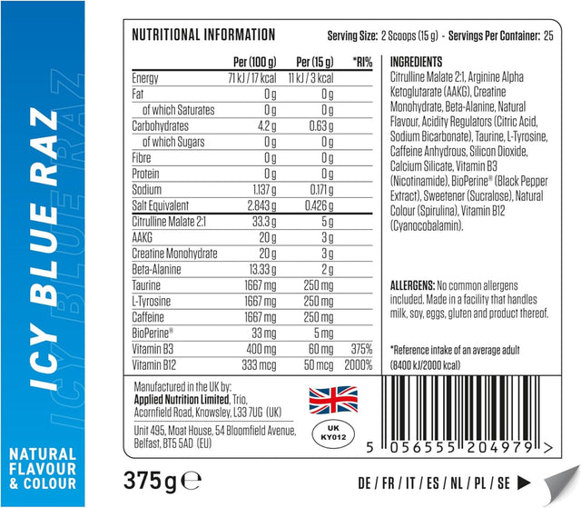 Nutritional Information panel for a pre-workout supplement in Icy Blue Razz flavor, 375g size. Serving size is 15g. Key ingredients include 5g Citrulline Malate 2:1, 3g AAKG, 3g Creatine Monohydrate, 2g Beta-Alanine, and 250mg of Caffeine per serving. Also contains Taurine, L-Tyrosine, and BioPerine®.
