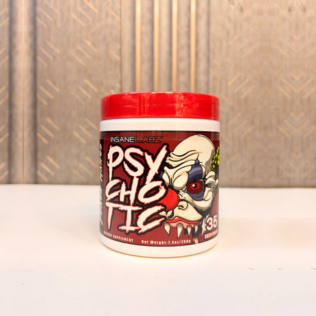 Insane Labz Psychotic Pre-Workout, Fresh Mango flavor, 35 servings (208g tub). A high-stimulant formula designed for extreme energy, focus, and performance during intense training sessions.