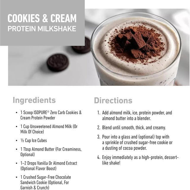 Isopure Zero Carb Cookies & Cream protein powder milkshake recipe with almond milk, almond butter, and ice, showing the high-protein, keto-friendly ingredients.
