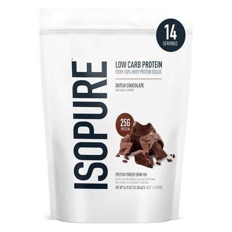 White stand-up pouch (bag) of Isopure Low Carb Dutch Chocolate Whey Protein Isolate, highlighting the 14 Servings and 25g protein per scoop.