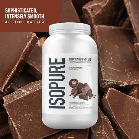 White tub of Isopure Low Carb Protein in Dutch Chocolate flavor, set against a background of large, dark, broken chocolate chunks.