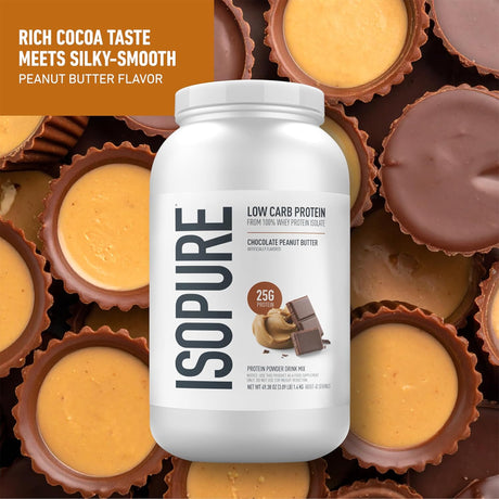 Isopure Low Carb 100% Whey Protein Isolate, Chocolate Peanut Butter flavor, 3.09 lb tub with 25g protein per serving.