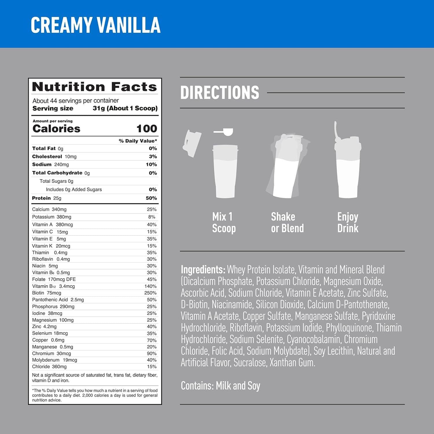 isopure whey protein | creamy vanilla | nutrition facts