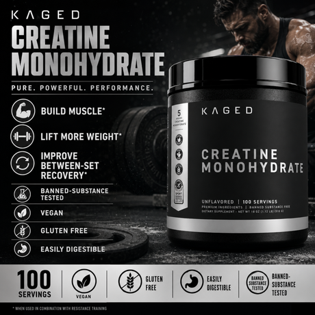 Kaged Creatine Monohydrate unflavored powder, 510g tub with 100 servings. Premium pure micronized creatine for muscle building, power, and performance. Certified vegan, gluten-free, easily digestible, and banned-substance tested.
