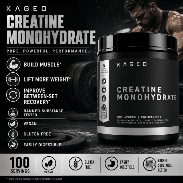Kaged Creatine Monohydrate unflavored powder, 510g tub with 100 servings. Premium pure micronized creatine for muscle building, power, and performance. Certified vegan, gluten-free, easily digestible, and banned-substance tested.