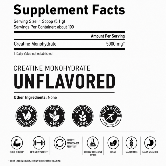 Kaged Creatine Monohydrate Unflavored supplement facts label. Shows serving size of 1 scoop (5.1g) providing 5000mg of pure creatine monohydrate with 100 servings per container. Features certification badges for Vegan, Non-GMO, Gluten-Free, and Informed Sport testing.
