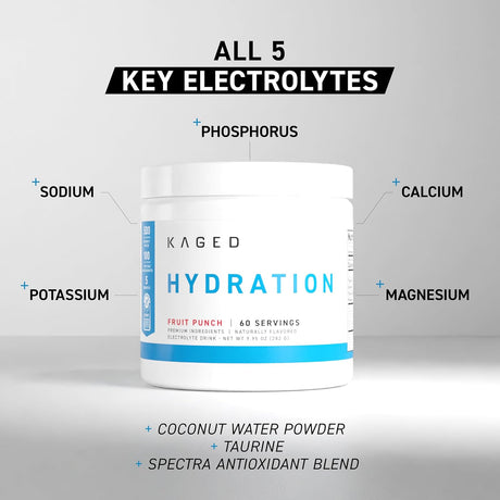 Kaged Hydration Fruit Punch 60 Servings - Premium Electrolyte Drink with Coconut Water Powder, Taurine, and Spectra Antioxidant Blend available at Gym Supplements U.S.