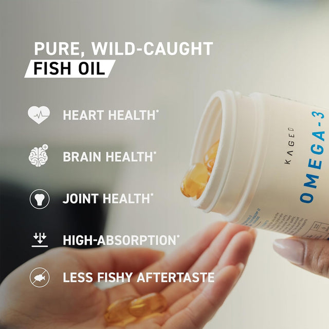 A hand is shown pouring KAGED OMEGA-3 softgels from the bottle, next to a list of benefits including: 'Heart Health,' 'Brain Health,' 'Joint Health,' 'High-Absorption,' and 'Less Fishy Aftertaste,' emphasizing that the product is 'Pure, Wild-Caught Fish Oil
