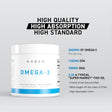 KAGED OMEGA-3 Triple Strength fish oil supplement jar, highlighting the 'High Quality, High Absorption, High Standard' slogan, and the key facts: 3000mg Omega-3, 1100mg EPA, and 900mg DHA per serving.