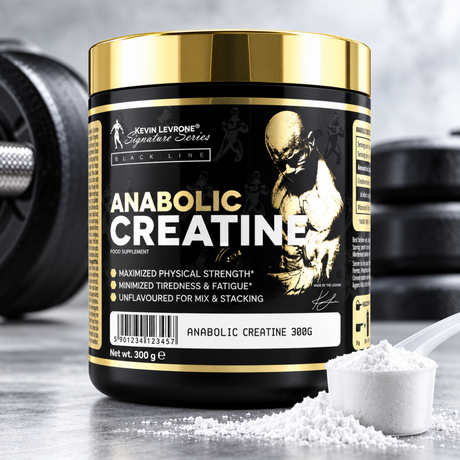 Kevin Levrone Anabolic Creatine 300g powder supplement with scoop, featuring a black and gold container.