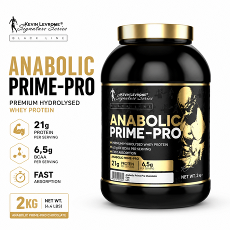 Kevin Levrone Signature Series Anabolic Prime-Pro Chocolate flavor 2kg tub, premium hydrolysed whey protein containing 21g protein and 6.5g BCAA per serving.