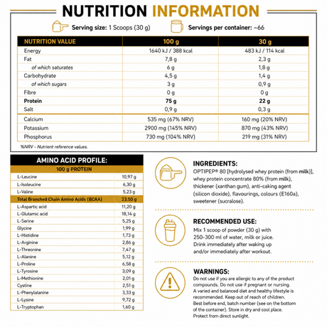 Nutrition information, amino acid profile, and ingredient list for Anabolic Prime-Pro hydrolysed whey protein showing 22g protein per 30g serving.