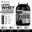 Kevin Levrone LevroWheySupreme Whey Protein Concentrate 2kg with 23g protein, 5.6g BCAAs, 4.3g glutamic acid, and 2.7g leucine per serving.