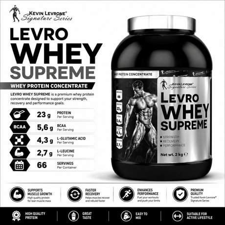Kevin Levrone LevroWheySupreme Whey Protein Concentrate 2kg with 23g protein, 5.6g BCAAs, 4.3g glutamic acid, and 2.7g leucine per serving.