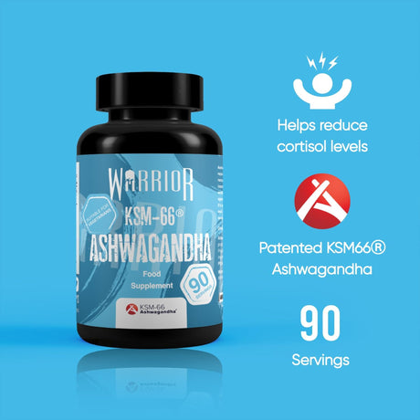 Warrior KSM-66 Ashwagandha Food Supplement bottle next to raw ashwagandha root, leaves, and a pile of vegetarian capsules. It offers 90 servings of the patented extract.