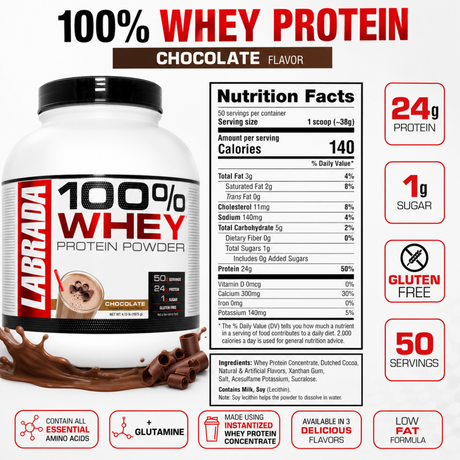 Labrada 100 percent Whey Protein nutrition facts label and ingredients breakdown showing 140 calories, 1g sugar, and 50 servings