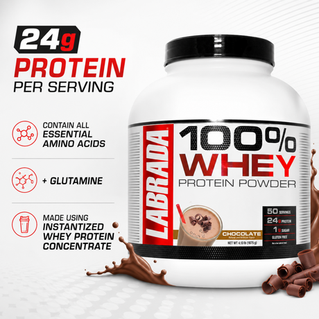 Labrada 100 percent Whey Protein Powder Chocolate flavor tub featuring 24g protein per serving, EAAs, and Glutamine
