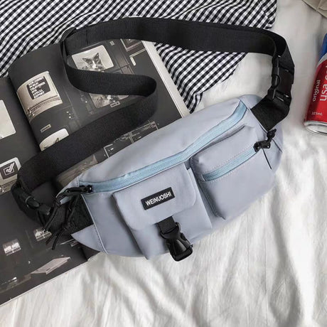 Stylish light blue Japanese aesthetic chest bag with multi-pocket design, ideal for daily streetwear and utility.