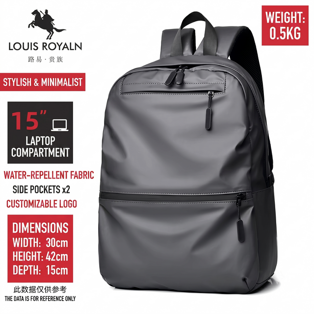 Louis Royaln minimalist black backpack with 15-inch laptop compartment and water-repellent fabric, featuring 30x42x15cm dimensions and dual side pockets.